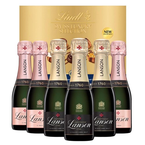 Mini Champagne Lanson Le Rose and Lanson Le Black 20cl Case of 6 with Lindt Swiss Tradition Chocolates 193g